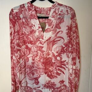 LOFT Red Floral V-Neck Long Sleeve Tunic
